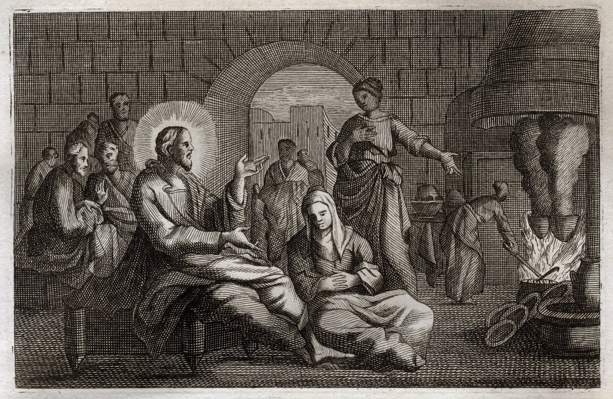 Royaumont Bijbel, Nieuwe Testament: Martha en Maria. Jezus Christus komt het huis van Martha binnen, die zich haast om hem te ontvangen terwijl haar zus, Maria van Bethanië, naar zijn woord luistert. Illustratie uit 1811. door Unknown artist