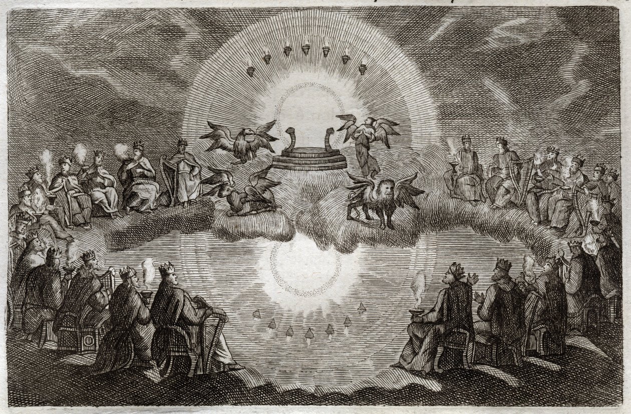 Royaumont Bijbel, Nieuwe Testament: Open Hemel. Een troon verschijnt omringd door een leeuw, een os, een man en een adelaar (tetramorf) en zeven lampen. Vierentwintig oude mensen zittend op tronen omringen deze visie. Illustratie uit 1811. door Unknown artist