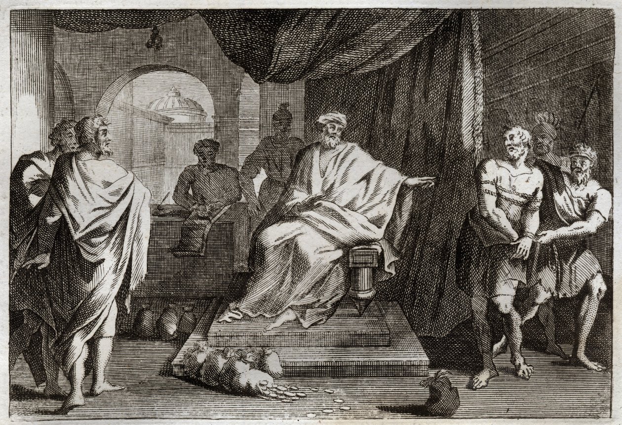 Royaumont Bijbel, Nieuwe Testament: Gelijkenis van de talenten. Een meester straft een van zijn dienaren die het geld dat hij hem gaf, verborg. Illustratie uit 1811. door Unknown artist