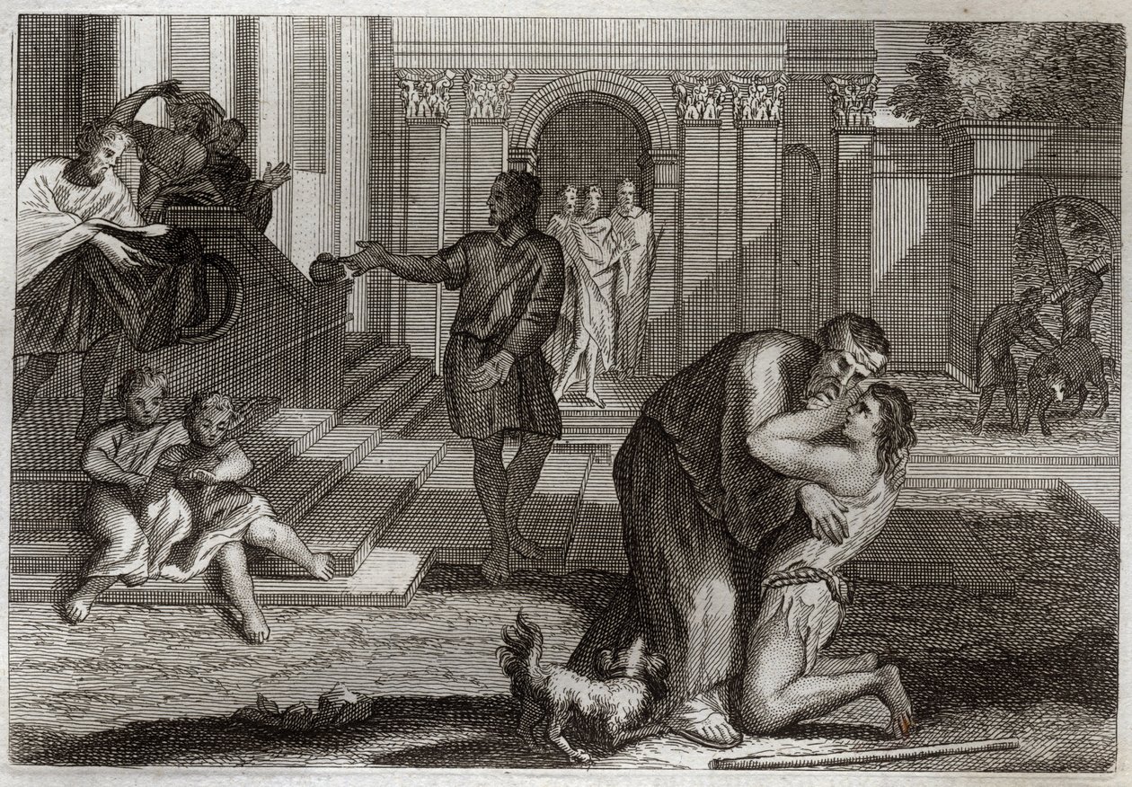 Royaumont Bijbel, Nieuwe Testament: Parabel van de verloren zoon. De zoon keert terug naar huis nadat hij al zijn bezittingen heeft verloren. Hij komt zijn vader om vergeving vragen. Illustratie uit 1811. door Unknown artist