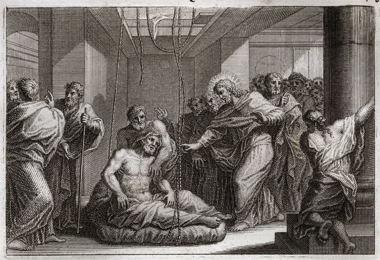 Royaumont Bijbel, Nieuwe Testament: Verlamde. Jezus Christus roept Sint Matteüs en geneest een verlamde in Kafarnaüm. Illustratie uit 1811. door Unknown artist