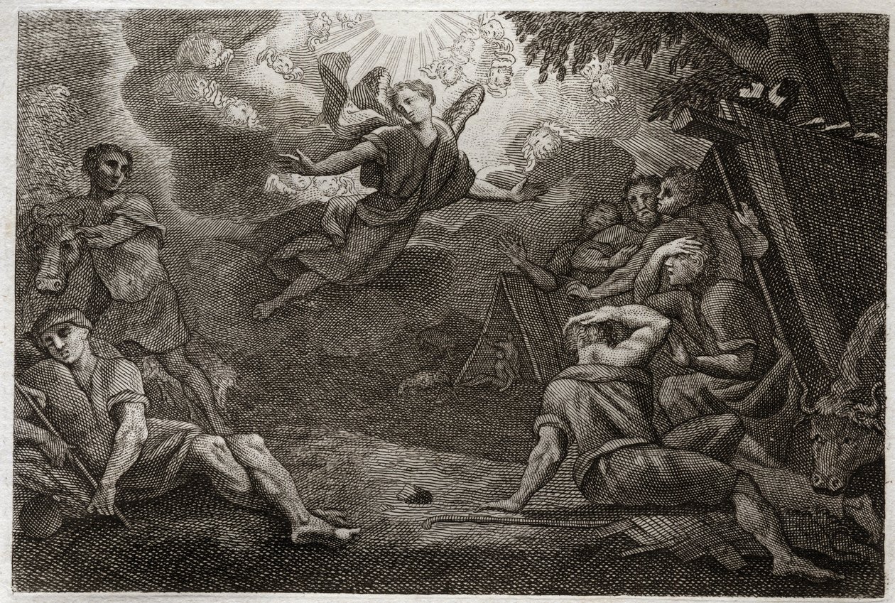 Royaumont Bijbel, Nieuwe Testament: Herders bij de kribbe. Een engel kondigt de geboorte van Jezus Christus aan de herders aan (Aankondiging aan de herders). Illustratie uit 1811. door Unknown artist