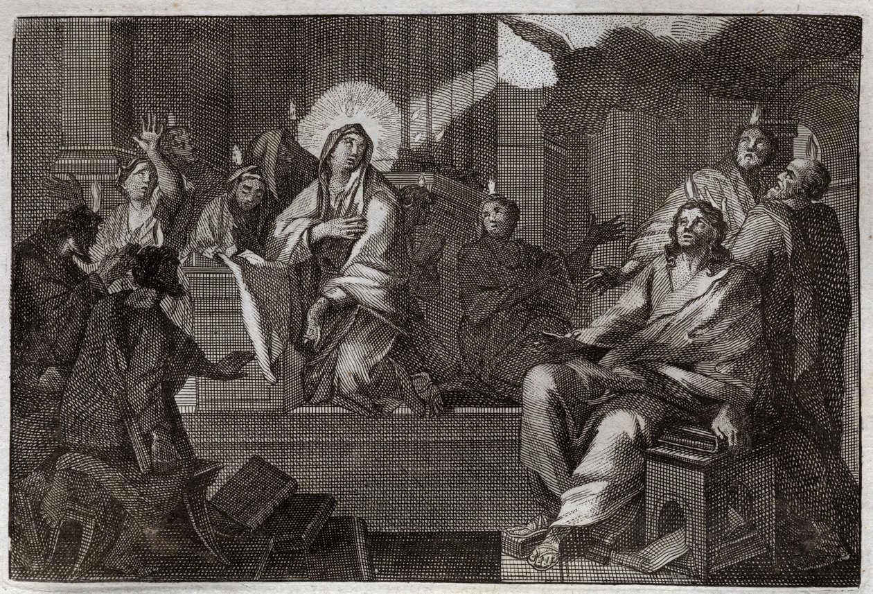 Royaumont Bijbel, Nieuwe Testament: Pinksteren. De Heilige Geest daalt neer op de Maagd Maria en de apostelen. Illustratie uit 1811. door Unknown artist