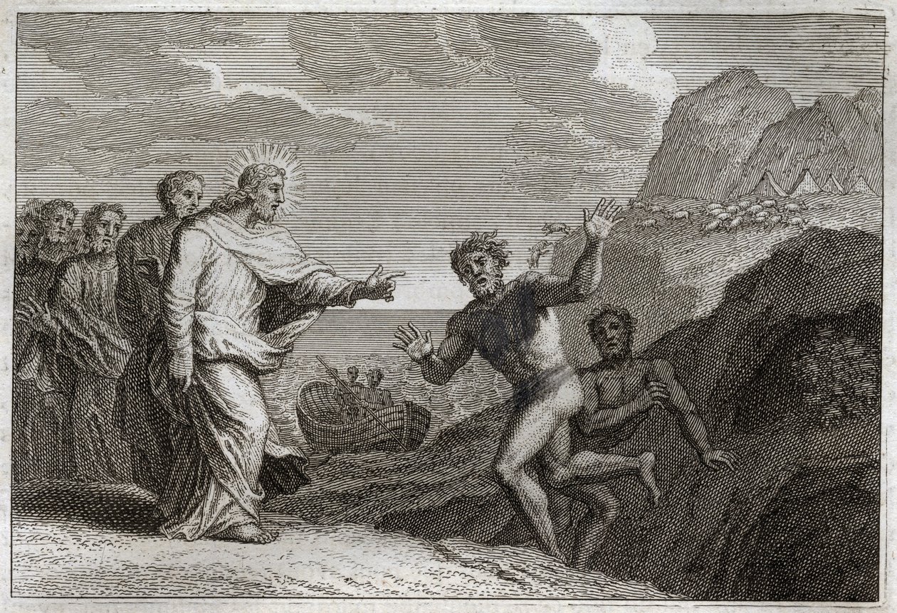 Royaumont Bijbel, Nieuwe Testament: Genezing van een bezetene. Jezus Christus geneest een bezetene die door de demon woedend was gemaakt. Illustratie uit 1811. door Unknown artist