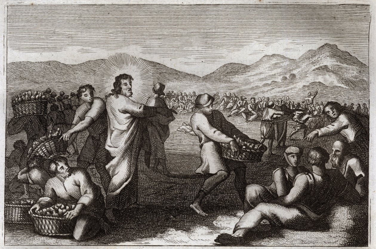Bijbel van Royaumont, Nieuwe Testament: Vermenigvuldiging van de broden. Jezus Christus vermenigvuldigt vijf broden en voedt vijfduizend mannen. Illustratie uit 1811 door Unknown artist