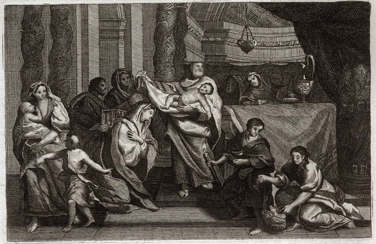 Royaumont Bijbel, Nieuwe Testament: Zuivering van de Maagd of presentatie in de Tempel. De Heilige Familie biedt Jezus Christus aan de Tempel aan en geeft hem aan Symeon (of Simeon of Simon). Een vrouw houdt twee duiven in een mand. Illustratie uit 1811. door Unknown artist