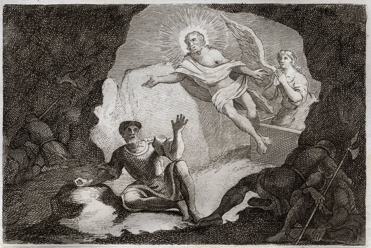 Royaumont Bijbel, Nieuwe Testament: Opstanding. Jezus Christus staat op uit zijn graf onder de verbazing van de Romeinse soldaten die in slaap waren gevallen. Illustratie uit 1811 (gravure). door Unknown artist