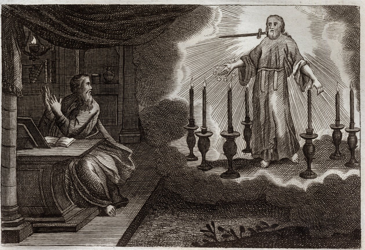 Royaumont Bijbel, Nieuwe Testament: Openbaringen van Sint Jan in de Openbaring. Jezus Christus verschijnt aan Sint Jan tussen zeven gouden kandelaars, met zeven sterren in zijn rechterhand en een zwaard dat uit zijn mond komt. Illustratie uit 1811. door Unknown artist