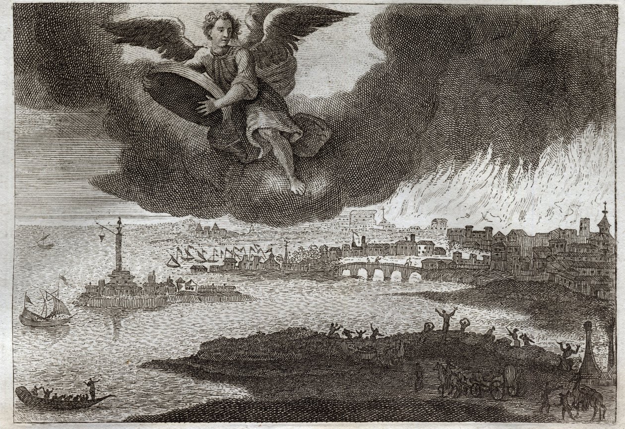 Royaumont Bijbel, Nieuwe Testament: Verwoesting van Babylon. Babylon in brand, een engel gooit een steen in de zee, symboliseert de vernietiging van deze stad tijdens de Openbaring. Illustratie uit 1811. door Unknown artist
