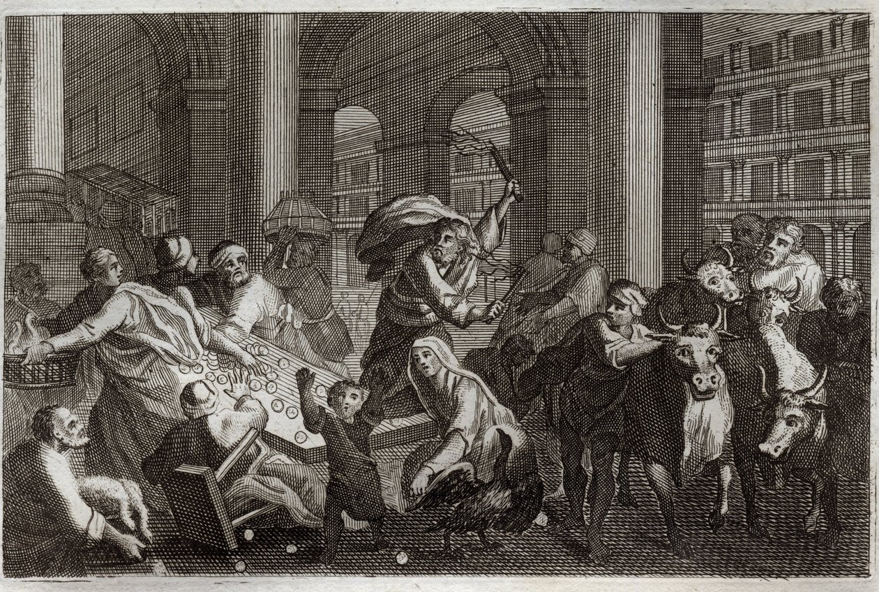 Royaumont Bijbel, Nieuwe Testament: Verdrijving van de verkopers uit de tempel. Jezus Christus verjaagt uit de tempel degenen die hem ontheiligden door de handel die ze daar dreven. Illustratie uit 1811. door Unknown artist