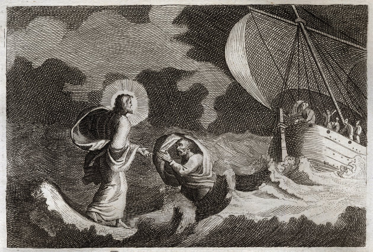 Royaumont Bijbel, Nieuwe Testament: St. Petrus loopt op water. Jezus Christus loopt op de zee en laat Sint Petrus daar lopen. Illustratie uit 1811. door Unknown artist