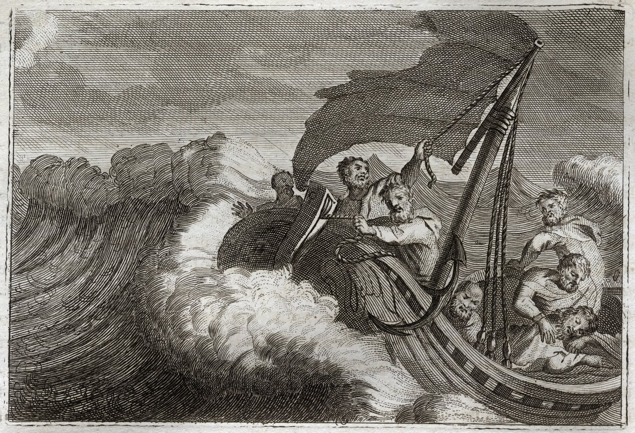 Royaumont Bijbel, Nieuwe Testament: De storm bedaard. De apostelen worden verrast door een storm en wekken Jezus Christus die in hun schip sliep, en hij kalmeert ook de Zee van Galilea. Illustratie uit 1811. door Unknown artist