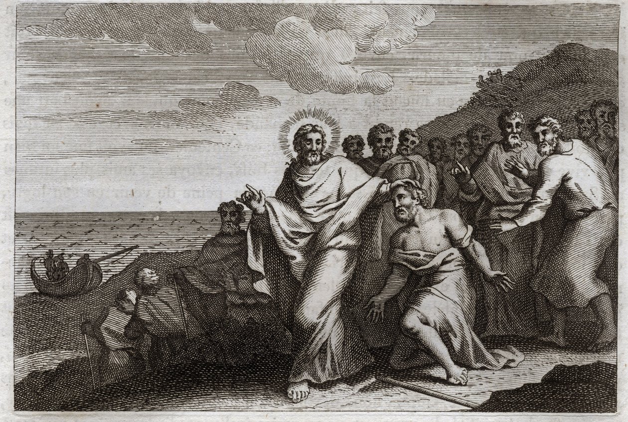 Royaumont Bijbel, Nieuwe Testament: De melaatse en de centurio. Een melaatse bidt Jezus Christus om hem te genezen van zijn melaatsheid, en een centurio stuurt hem om te bidden om zijn zieke dienaar te genezen. Illustratie uit 1811. door Unknown artist