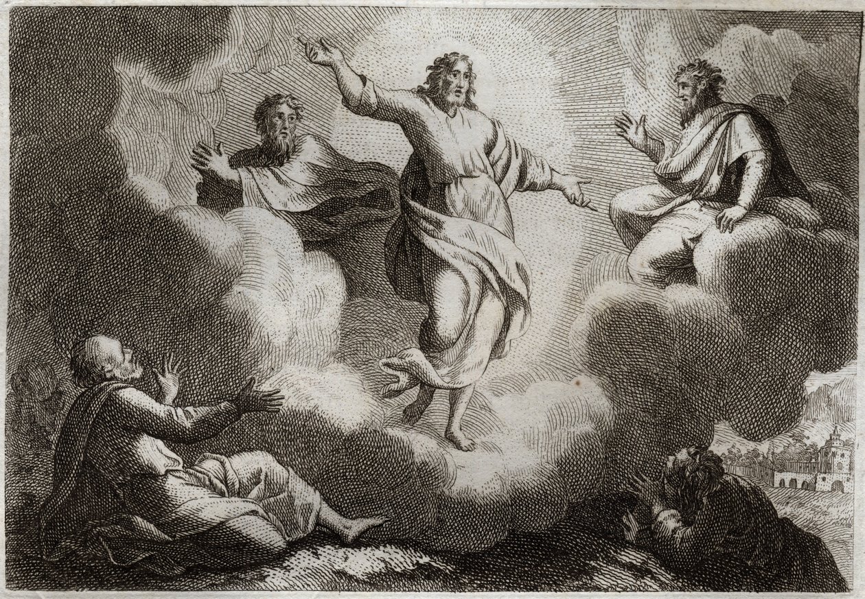 Royaumont Bijbel, Nieuwe Testament: De Transfiguratie van Jezus Christus. Christus omringt Mozes en Elia met daaronder de apostel Johannes, Petrus en Jakobus. Illustratie uit 1811. door Unknown artist