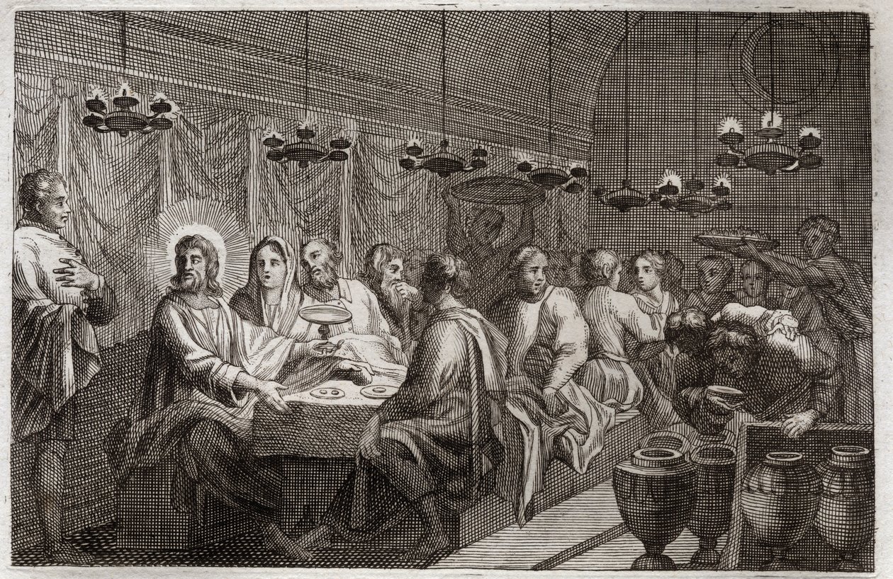 Royaumont Bijbel, Nieuwe Testament: De bruiloft te Kana. Eerste wonder van Jezus Christus die water in wijn veranderde. Illustratie uit 1811. door Unknown artist