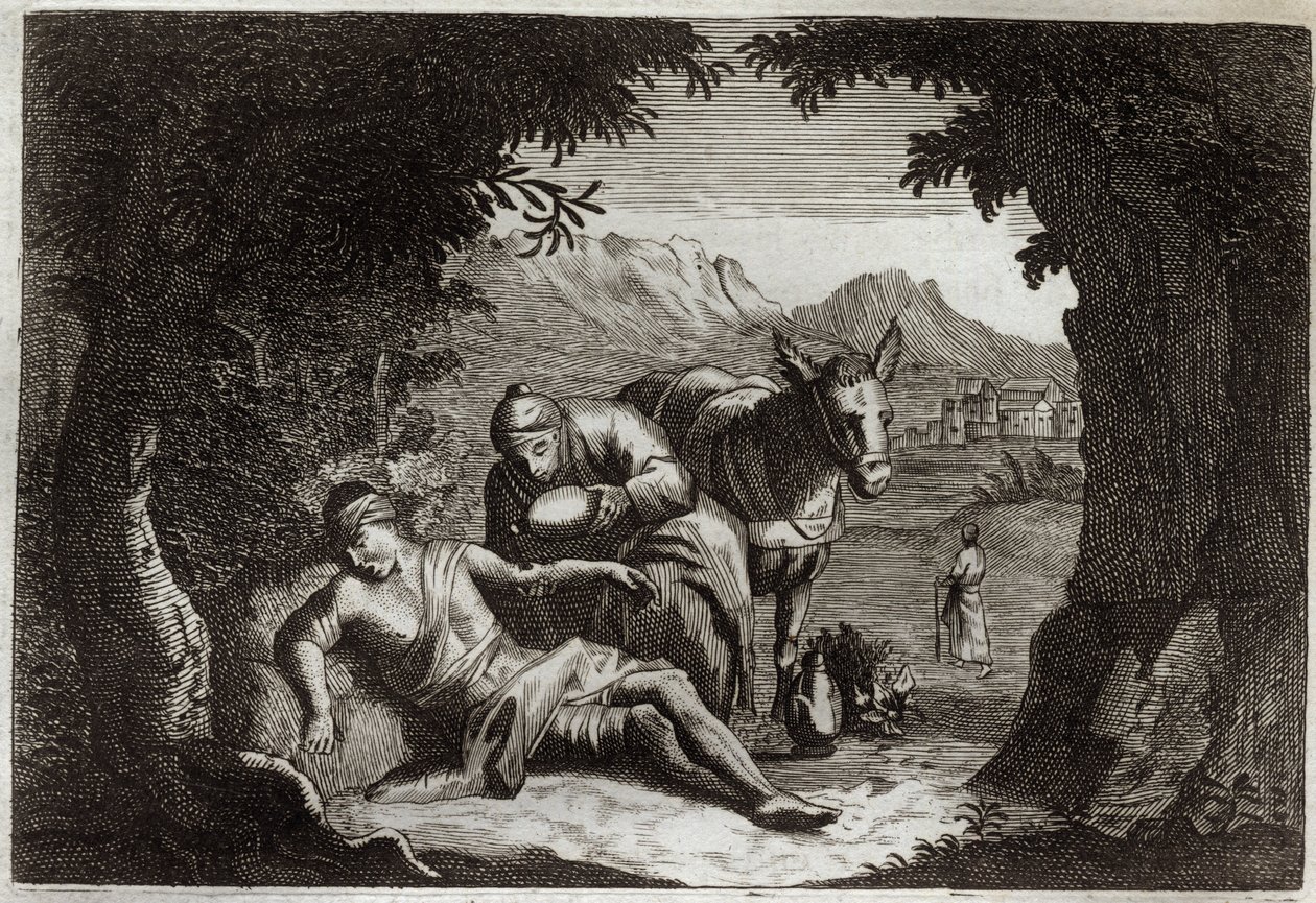 Royaumont Bijbel, Nieuwe Testament: De gelijkenis van de barmhartige Samaritaan. De Samaritaan stopte op zijn weg om de man in nood te helpen. Illustratie uit 1811. door Unknown artist