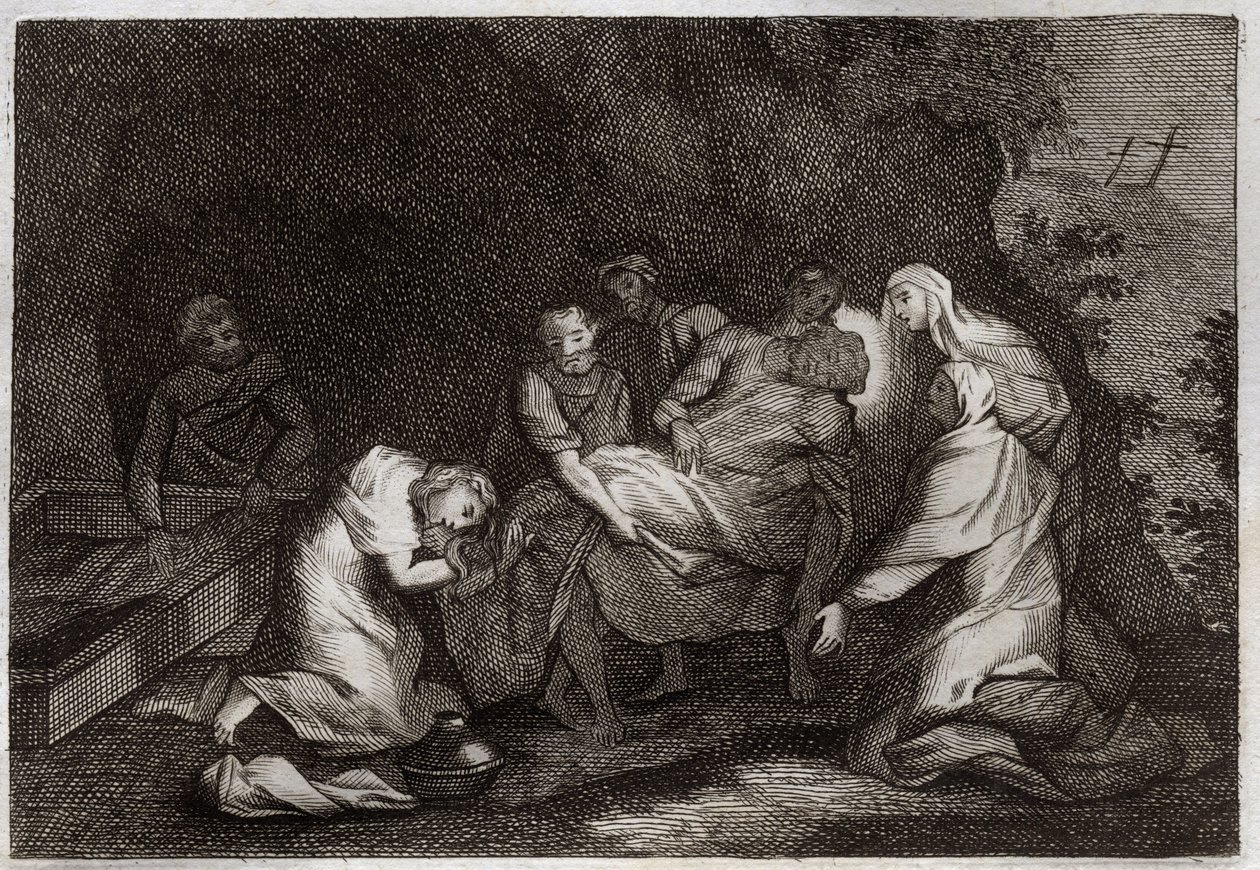 Bijbel van Royaumont, Nieuwe Testament: Graf. Graf van Jezus Christus. Onder de personages rond het lichaam van Jezus Christus: de Maagd Maria, Sint Nicodema, Sint Jozef van Arimathea, Sint Jan de Evangelist en Sint Maria Magdalena. Illustratie uit 1811. door Unknown artist