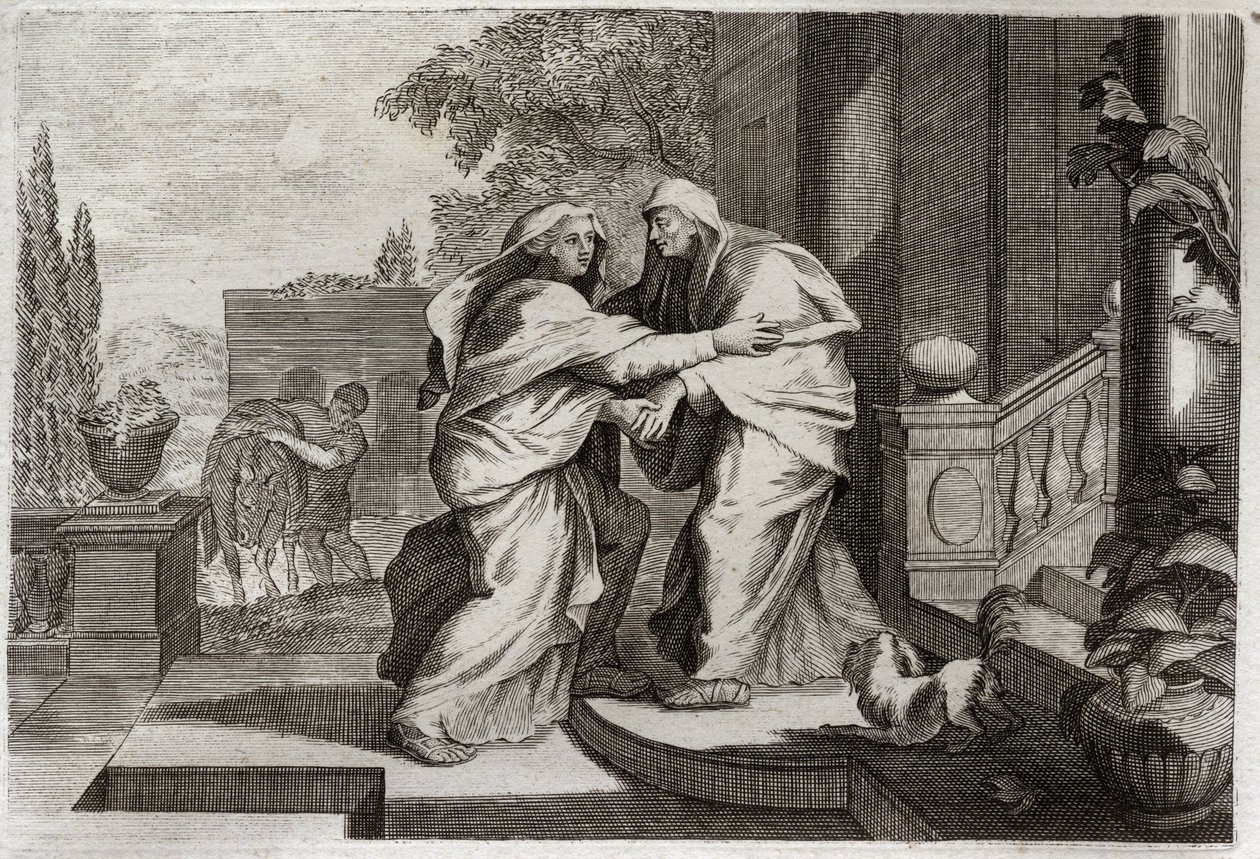 Royaumont Bijbel, Nieuwe Testament: Visitatie. De Heilige Maagd Maria bezoekt haar nicht Elisabeth. Illustratie uit 1811. door Unknown artist