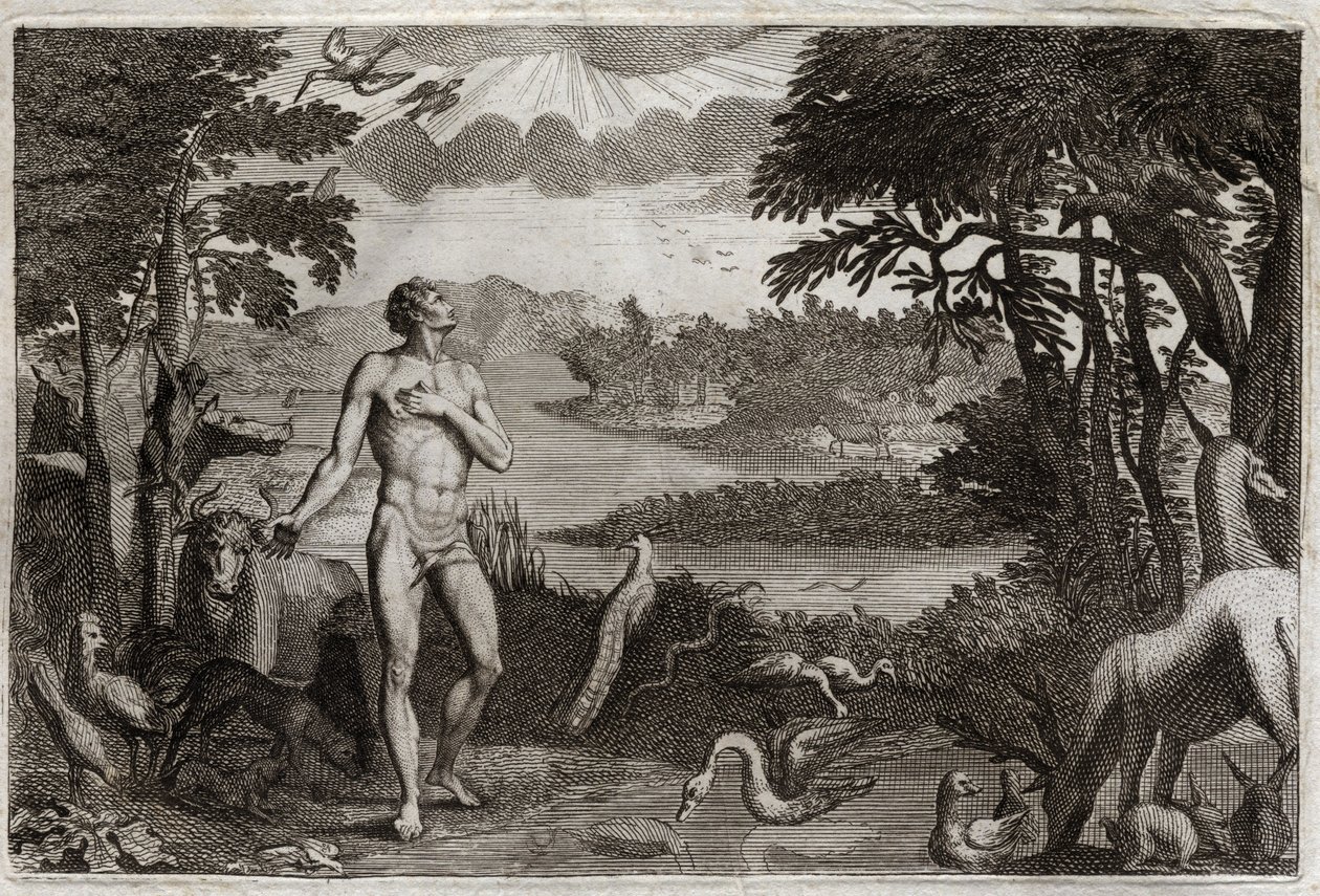Bijbel van Royaumont, Oude Testament: Schepping van man en vrouw. God die de mens schiep, plaatst hem in het aardse paradijs en verbiedt hem van de vrucht van de boom van kennis van goed en kwaad te eten. Illustratie uit 1811 door Unknown artist