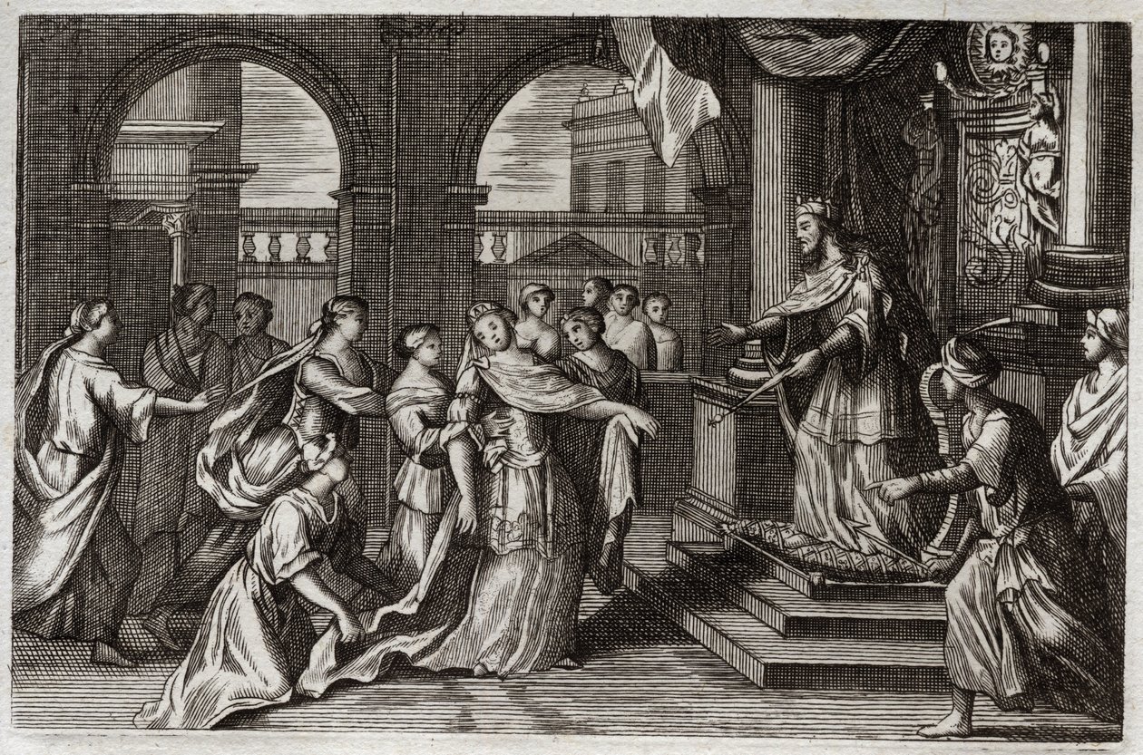 Royaumont Bijbel, Oude Testament: Esther presenteert zich voor koning Xerxes I (Ahasveros I), met de bedoeling haar volk te redden van de dood die hen bedreigde. Illustratie uit 1811. door Unknown artist