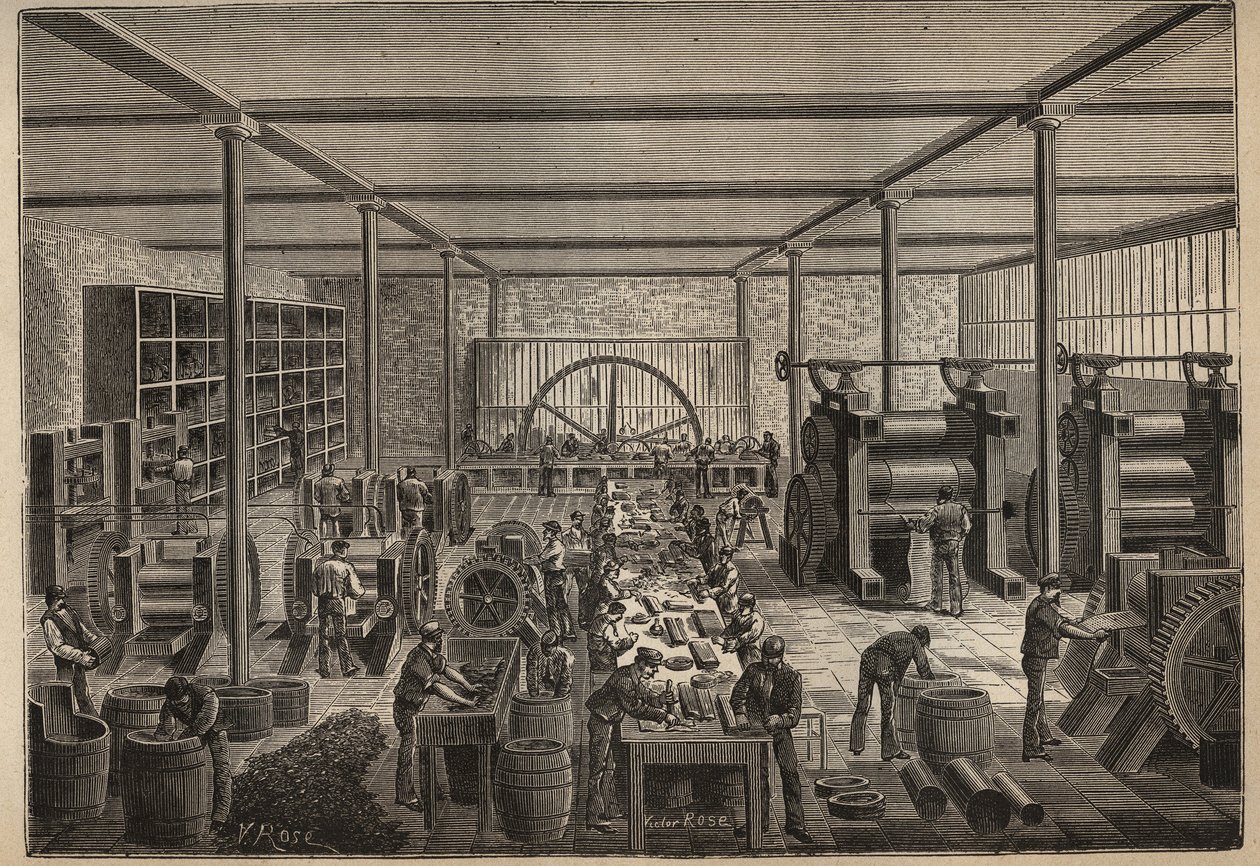 Rubber: rubberfabriek. Gravure uit 1885 in 