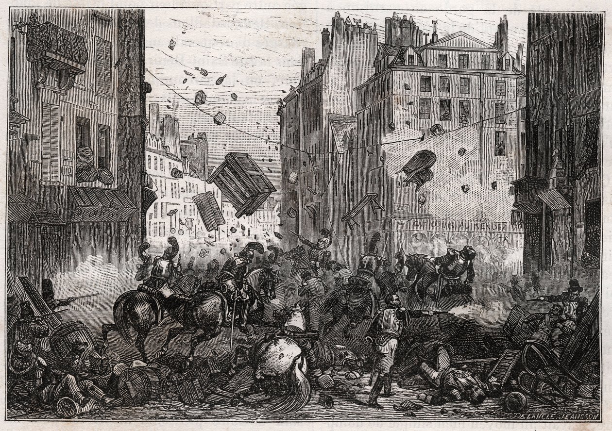 Rue Saint-Antoine tijdens de Trois-Glorieuses (juli 1830) - Revolutie van 1830 Barricadegevechten op Rue Saint-Antoine in 1830 door Unknown artist