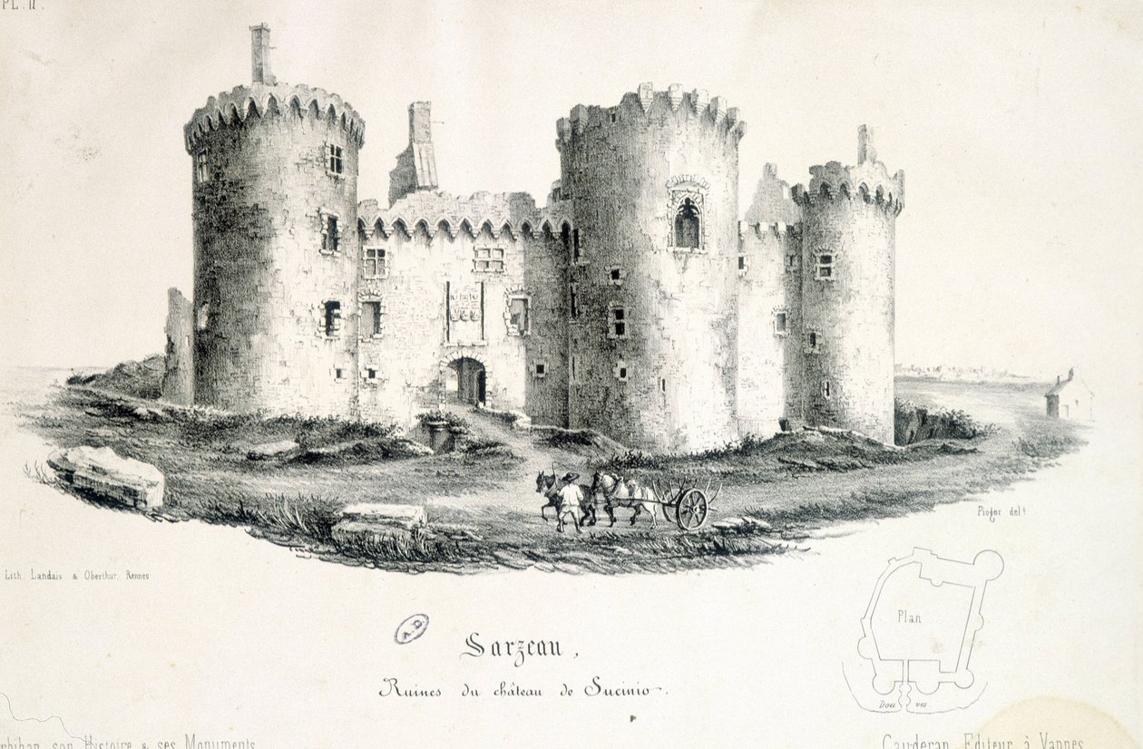 Ruïnes van het kasteel van Sucinio in Sarzeau (Morbihan) - gravure door Unknown artist