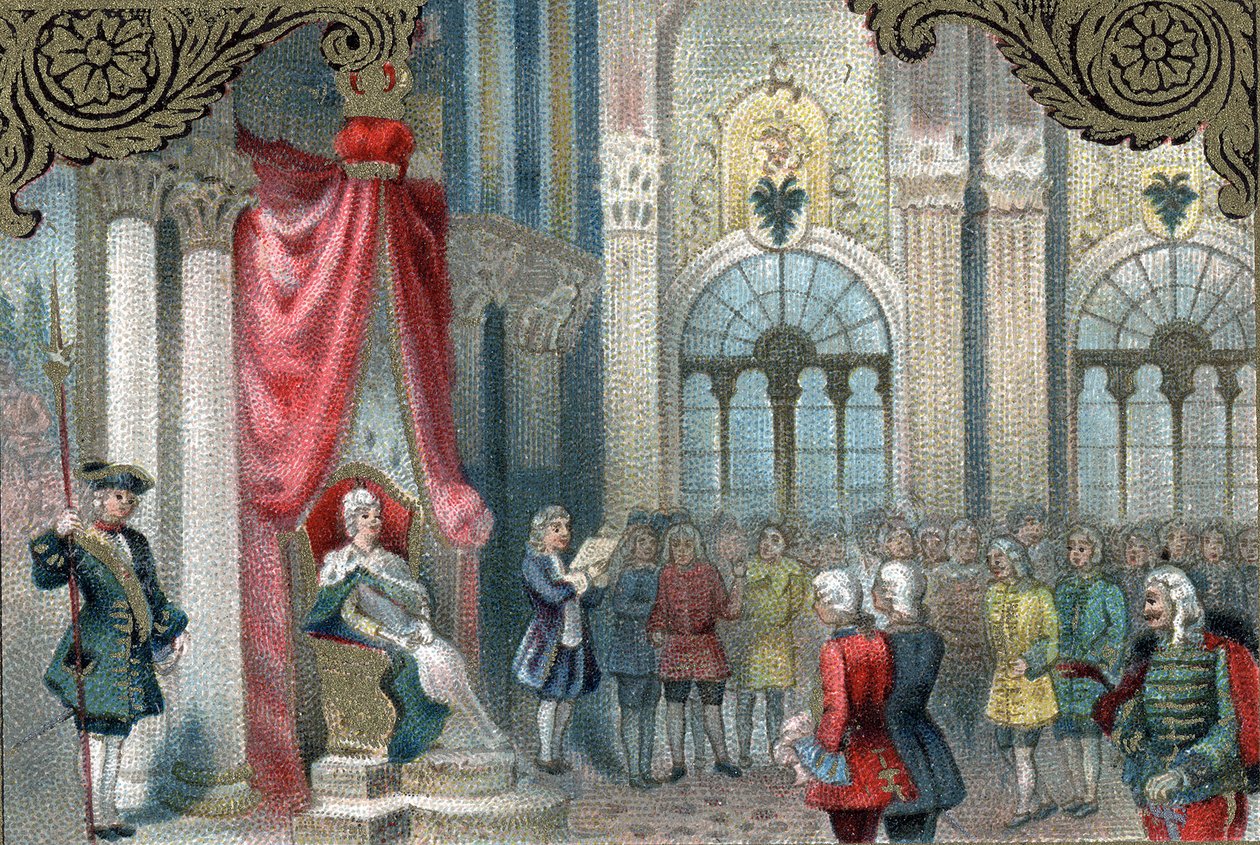 Moderniseringsbeleid van Rusland: Catharina II van Rusland (1729-1796) kondigt de reorganisatie van het Russische Rijk aan. In 1785 gaf ze veel meer macht en rechten aan de edelen van het Rijk. Late chromolithografie van de 19e eeuw. door Unknown artist