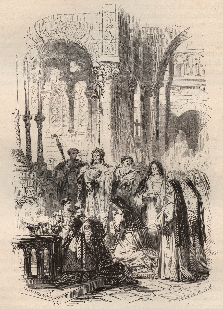Zeiltocht van Sint Cunegonde van Luxemburg (ca. 975-1033/1039) in 1024, overgedragen door de bisschop van Paderborn Meinwerk (ca. 975-1036) in de Benedictijnse Abdij van Kaufungen in Duitsland. Gravure uit 1868 in 