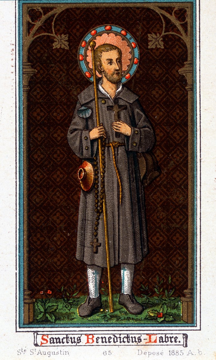 Sint Benedictus van Nursie (geboren in Nurcia (Nurcia) in Umbrië rond 480 - 527) als pelgrim. Chromolithografie van 1885 door Unknown artist