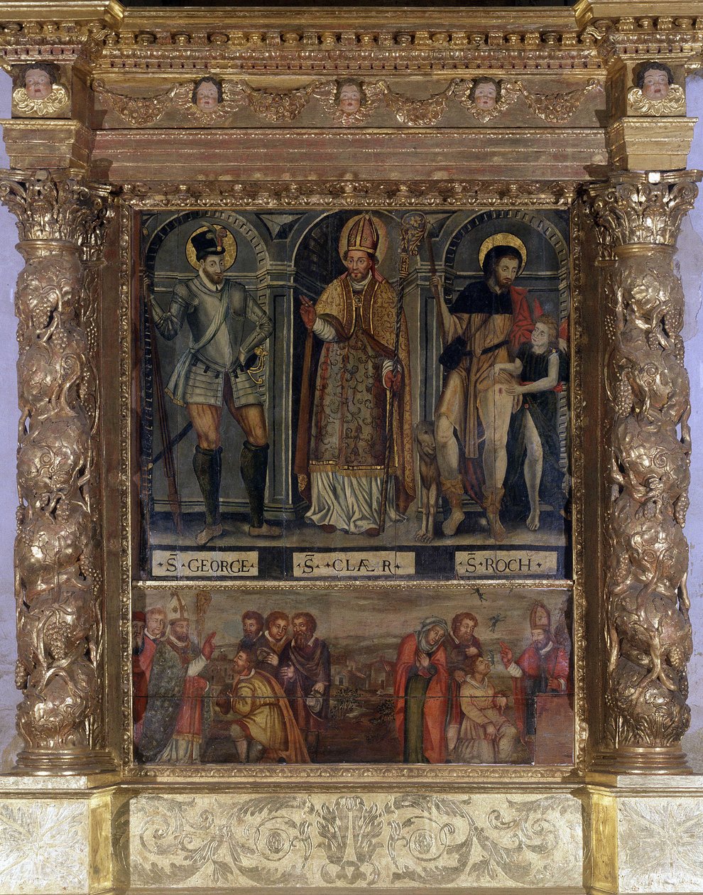 Altaar van Sint Clair of Sint Roch: St. Roch en de Knop van de Pest en Sint Joris in de mode van Hendrik III - Kerk van Onze-Lieve-Vrouw van de Tenhemelopneming van Rognes door Unknown artist