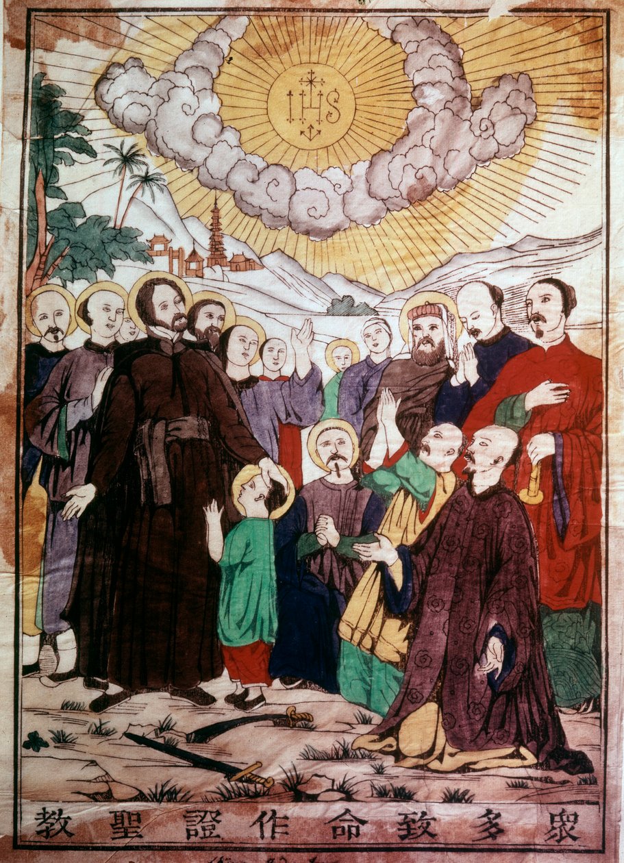 Heilige Franciscus Xaverius, Spaanse jezuïetenmissionaris, evangeliseert de Chinezen onder de bescherming van Christus in China door Unknown artist