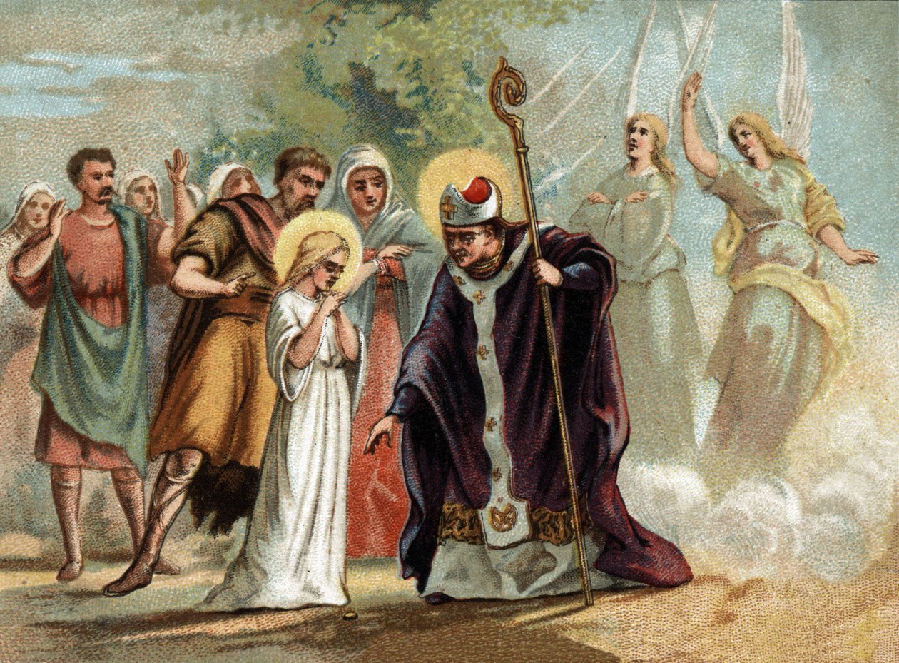 Sint-Germain gaf een medaille aan Sint-Genevieve (422-502), patroonheilige van Parijs. chromolithografie rond 1890. door Unknown artist