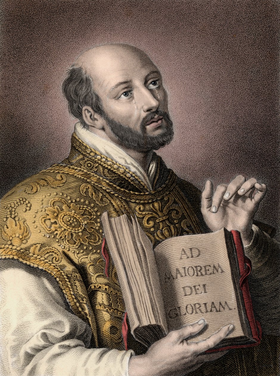 Sint Ignatius van Loyola (1491-1556), Spaanse theoloog, met een boek met het Latijnse motto van de Sociëteit van Jezus 