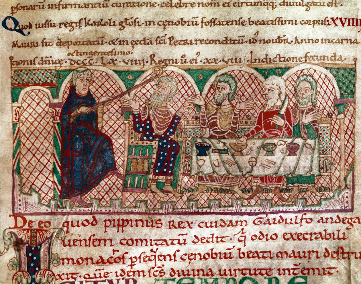 Sint Maur (512-584) oprichter van het klooster van Flanfeuil (Saint Maur) in Anjou wordt ontvangen aan de tafel van Gaidulfe van Ravenna, vervolger van de monniken en straft hem. Miniatuur uit 