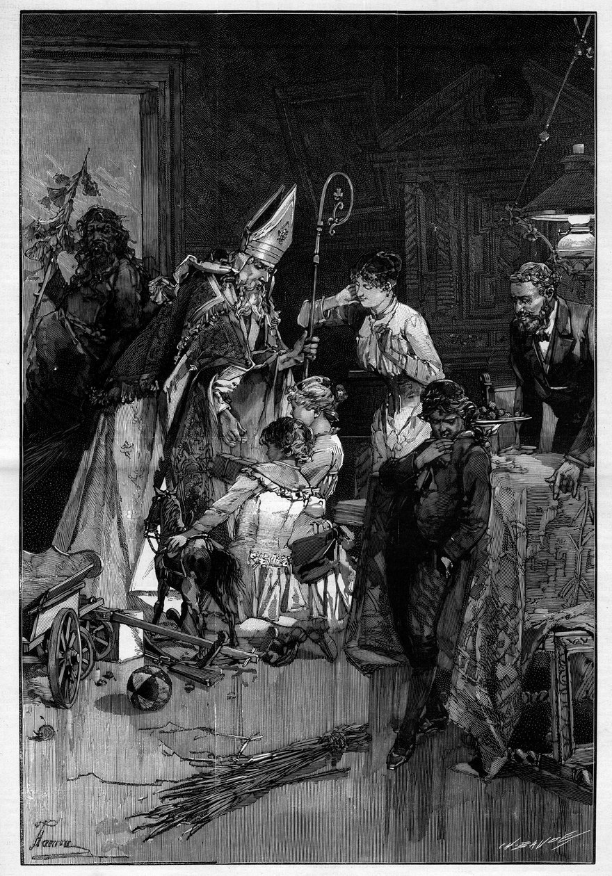 Sint-Nicolaasfeest in Lotharingen dat speelgoed naar kinderen brengt. Hij wordt vergezeld door de duivel die hem yards brengt. Gravure in "Le Monde Illustré" door Unknown artist