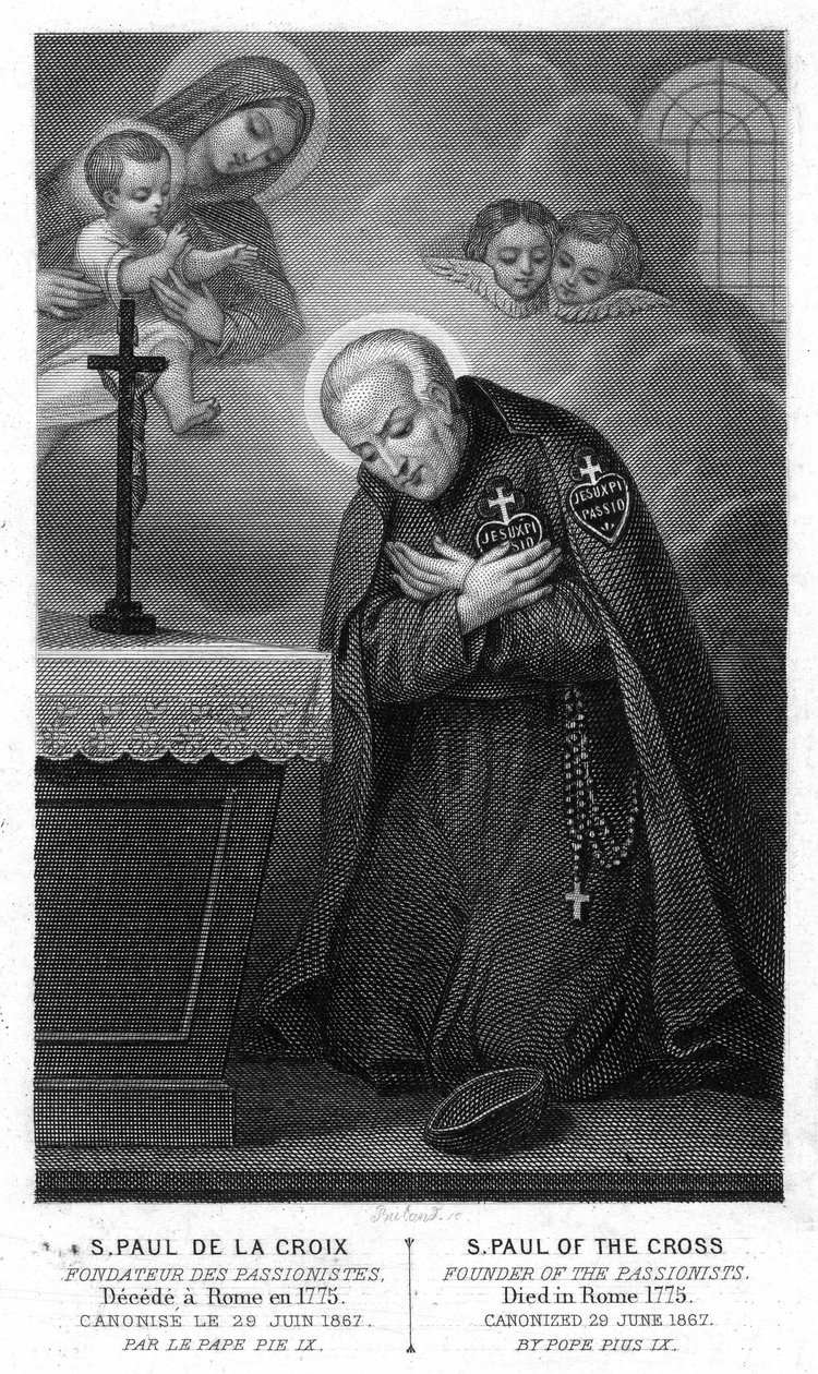 Sint Paulus van het Kruis, oprichter van de Passionisten teleurgesteld in Rome in 1775, heilig verklaard op 29 juni 1867 door paus Pius IX. Gravure uit de 19e eeuw. door Unknown artist