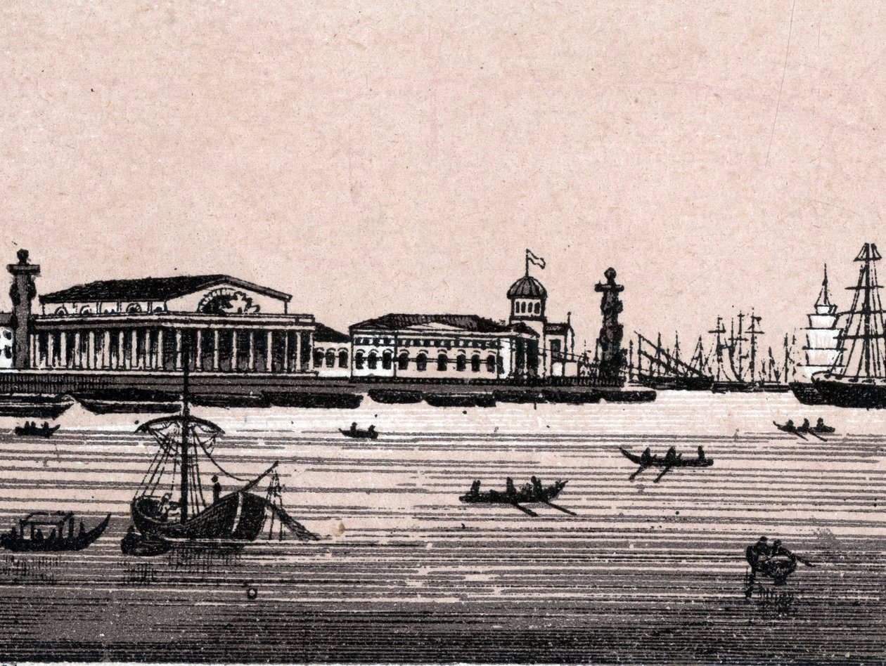 Sint-Petersburg, Rusland: uitzicht op de Neva-rivier en de Beurs in Sint-Petersburg in 