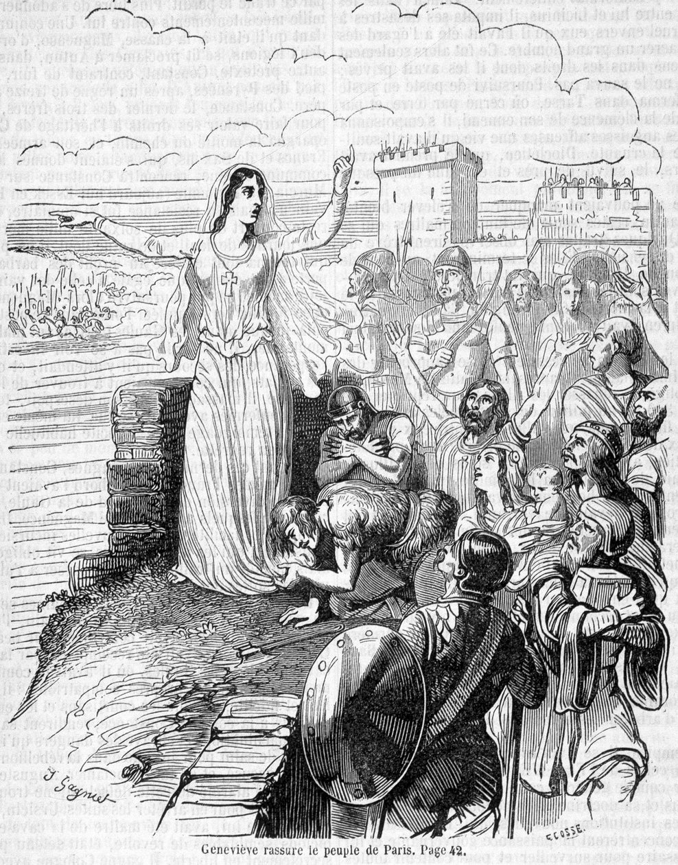 Sainte Geneviève organiseert de verdediging van Parijs tegen de hordes van Attila en stelt de mensen van Parijs gerust - in 