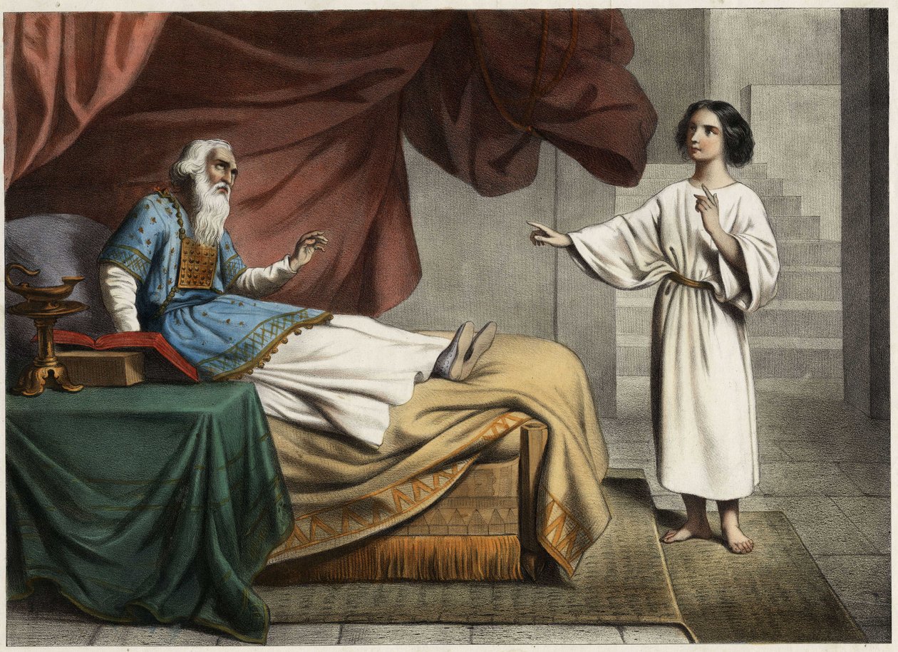 Samuel, die de stem van de Heer hoort die hem midden in de nacht roept, denkt dat dit zijn mentor de hogepriester Eli (Heli) is. Anonieme gravure uit het midden van de 19e eeuw door Unknown artist