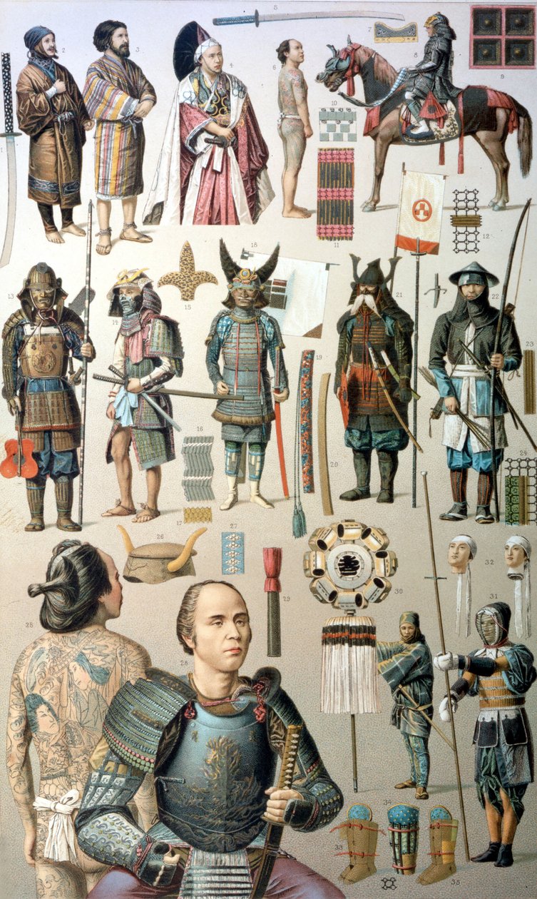 Samurai kostuums, wapens en harnassen. 19e eeuw door Unknown artist