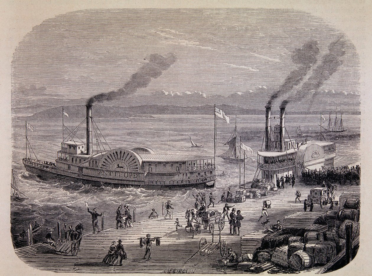 San Francisco Docks en raderstoomschepen (Californië) - in "Tour du Monde" door Unknown artist