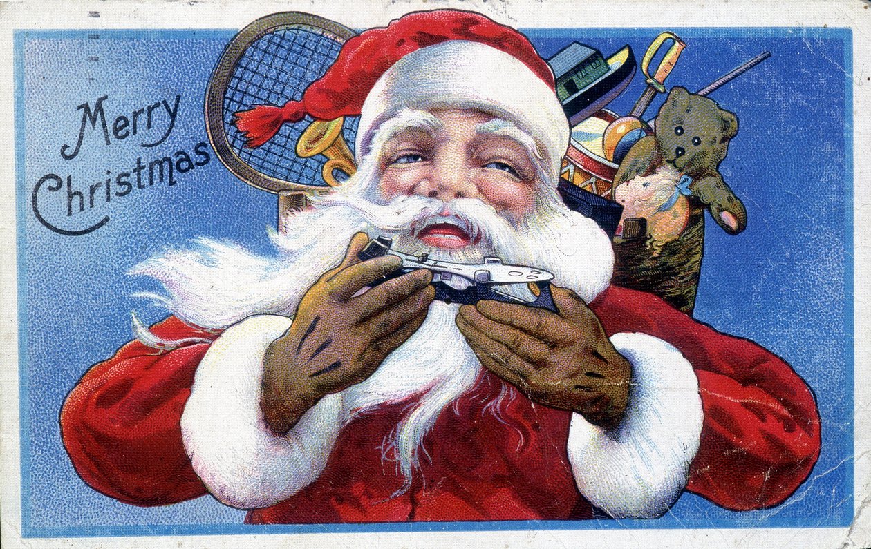Kerstman en zijn speelgoedkap - Amerikaanse ansichtkaart, eind 19e eeuw door Unknown artist