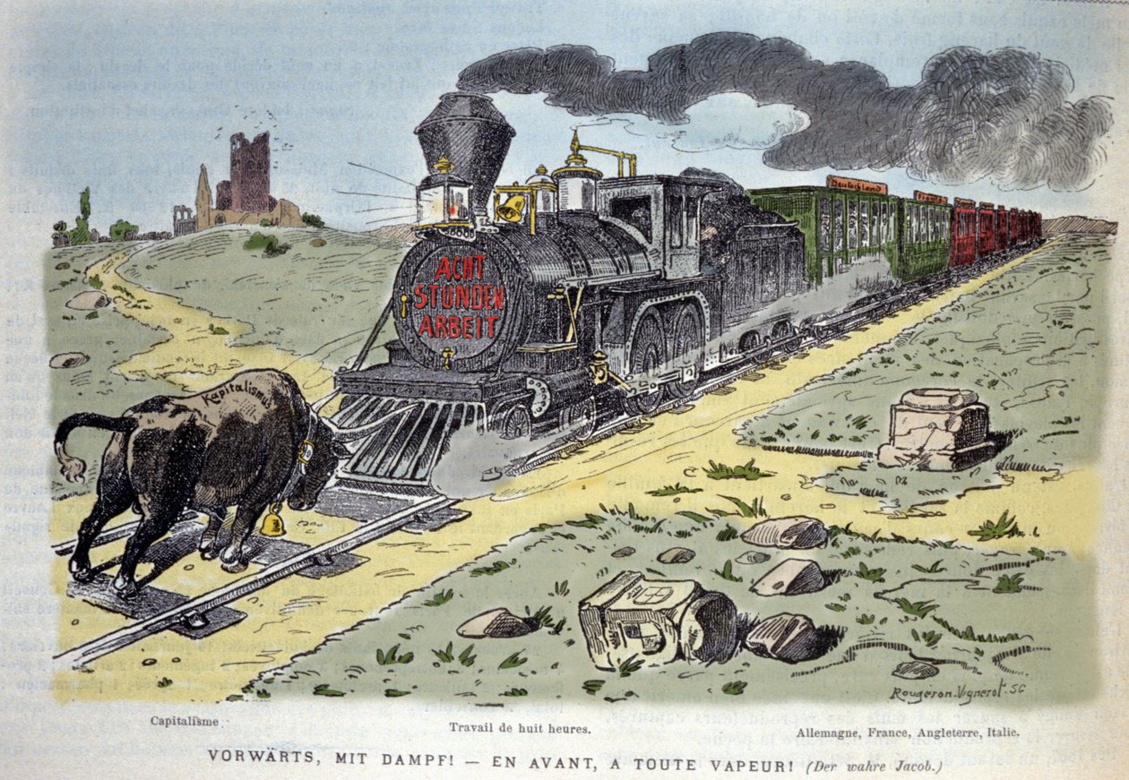 Satirische allegorische vignette: de stier symbool van het kapitalisme probeert de trein van arbeidsreform te stoppen. Elke wagon is ontworpen voor een land: Duitsland, Frankrijk, Engeland, Italië 1897 door Unknown artist