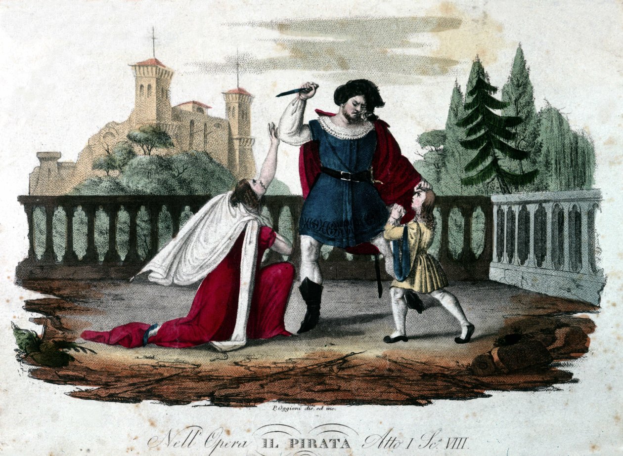 Scène 8 van Act V van Il pirata door Vincenzo Bellini. Gekleurde gravure uit 1827. Eerste uitvoering in het Teatro alla Scala door Unknown artist