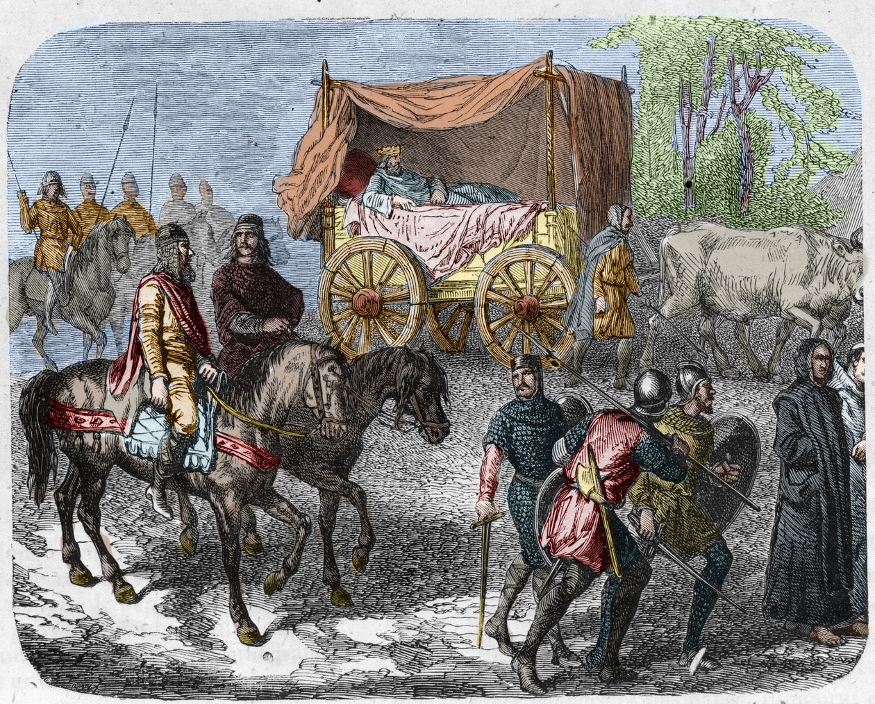 Scène die de luie koningen uitbeeldt: Koning van Frankrijk Thierry III (673-691) wordt in een tank met een bed getrokken door ossen door Unknown artist