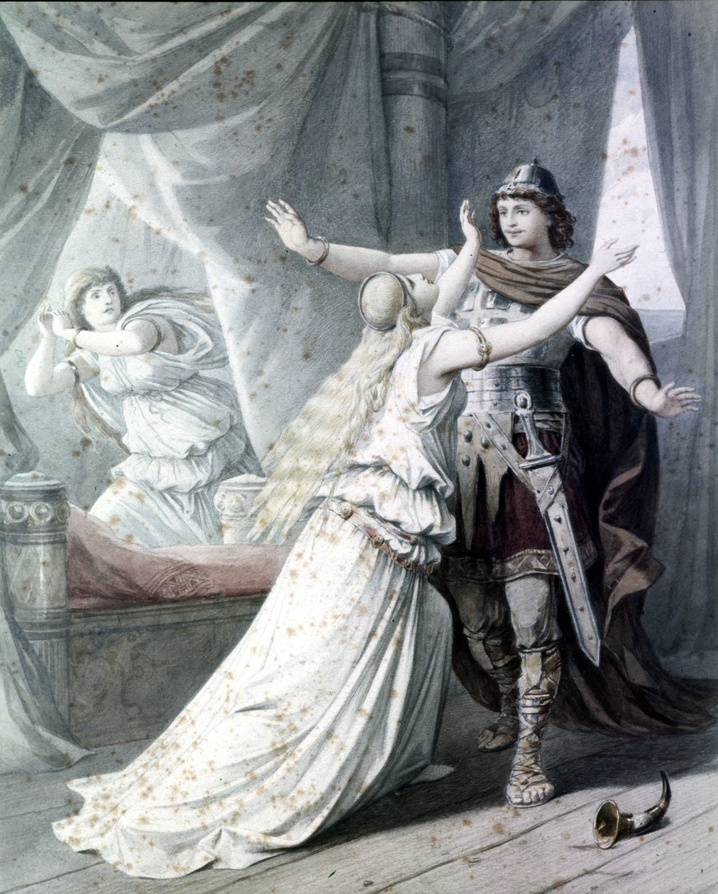 Scène uit Cola Rienzi, de laatste der Tribunen, opera door Richard Wagner die de held Rienzi met Irene in het Capitoolpaleis voorstelt. 1842. Gravure door Unknown artist