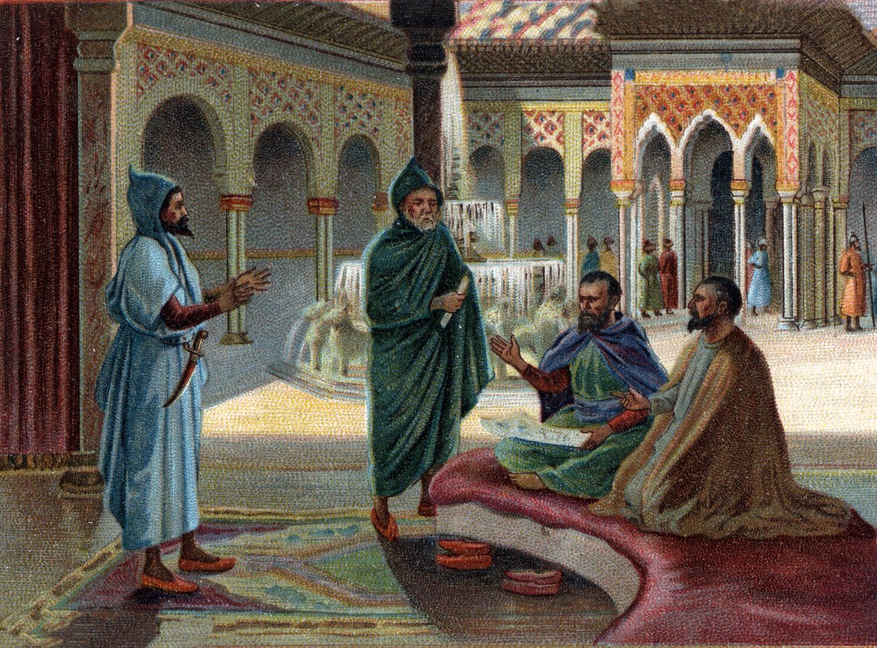 Scènes van Verdwenen Koninkrijken: Moorse Raad (Moren, naam gegeven aan Arabieren die een deel van Spanje bezetten) in het Alhambra-paleis in Granada. Granada is de laatste Moorse staat, beëindigd in 1482. Chromolithografie van de 19e eeuw door Unknown artist