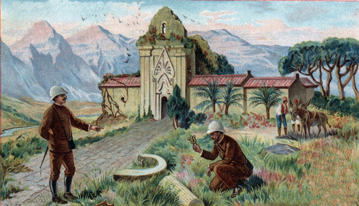 Scènes van verdwenen koninkrijken: Tempel in de bergen van Qui-Nhon Provincie van Cambodja. Chromolithografie uit de 19e eeuw. door Unknown artist