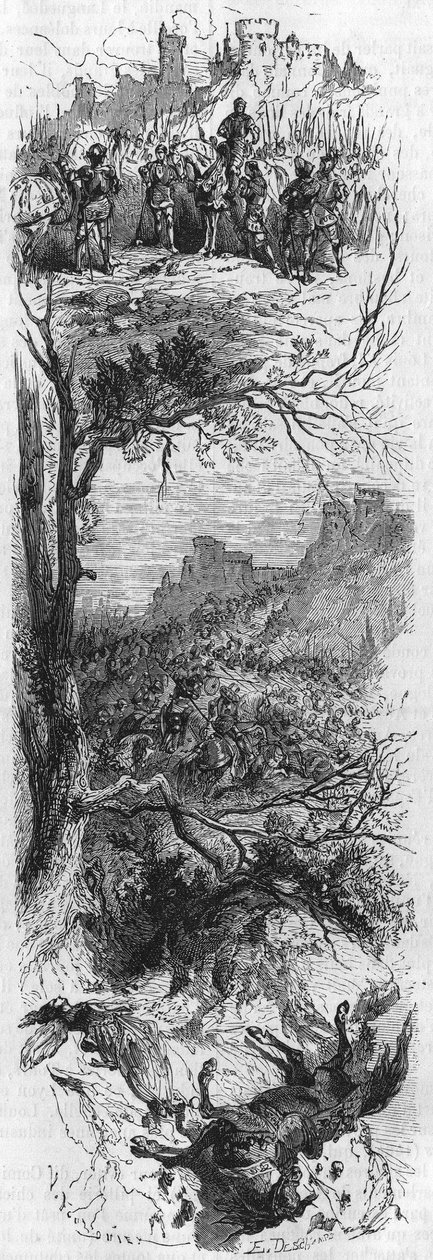 Scènes van veldslagen. Lodewijk XI gaf een ketting aan Raoul de Lannoi (1481), Gevecht bij Therouanne (1480) en Maria van Bourgondië gewond door een val van een paard (1482). Gravure uit de 19e eeuw. door Unknown artist